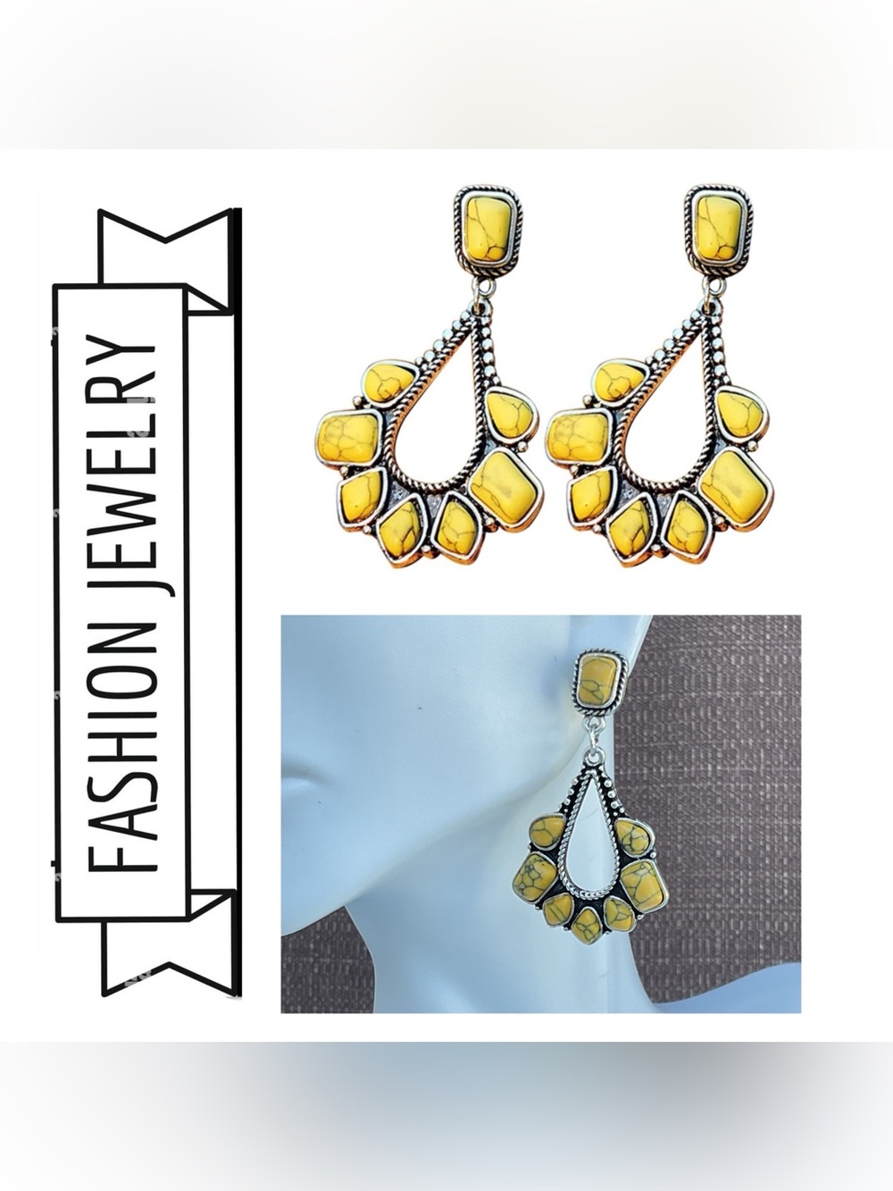 🌟🌟Yellow Teardrop Marble Stone Dangle Earrings